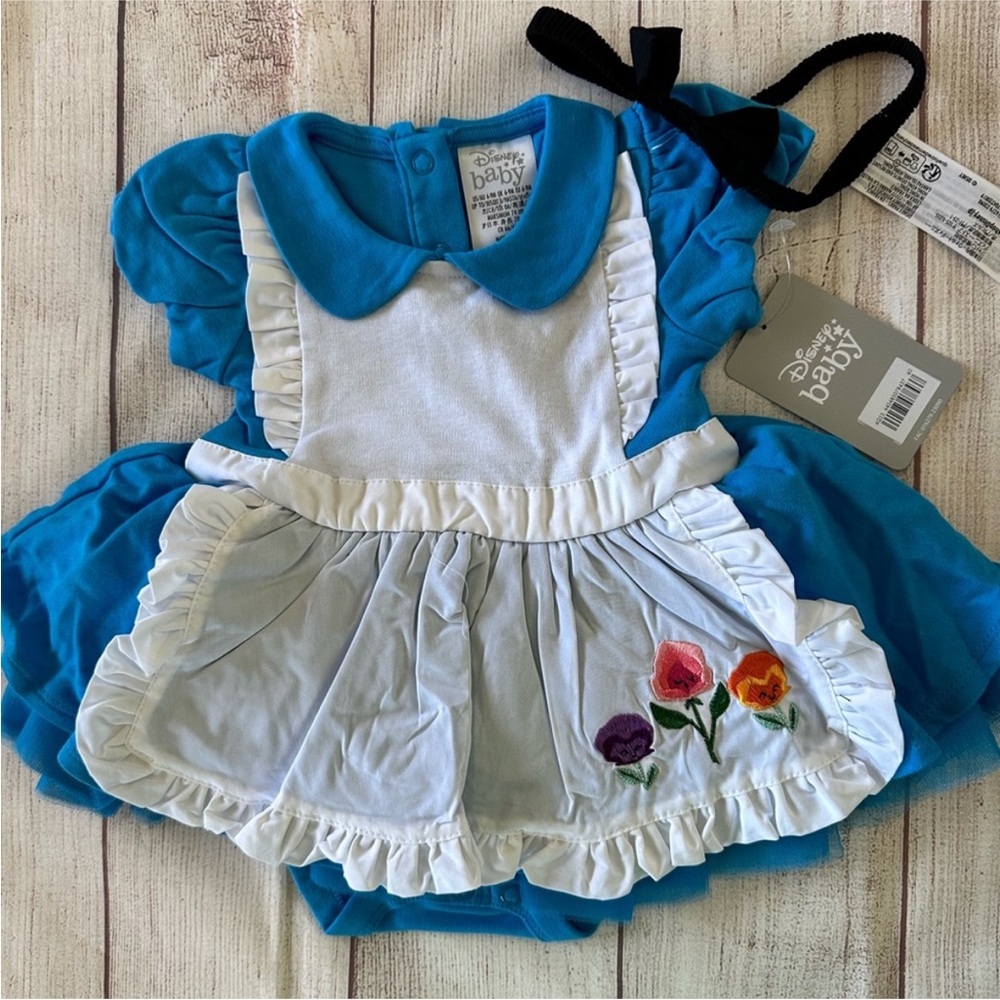 New Disney Store Alice in Wonderland Baby Dress/Costum Bodysuit Blue White Apron